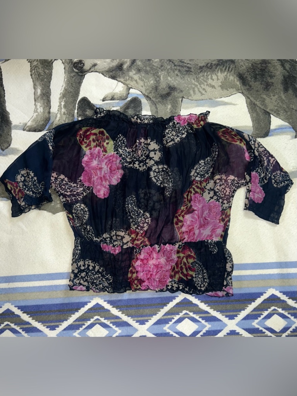 Sheer Ruffle Navy & Pink Floral Short Sleeve Blouse Size S